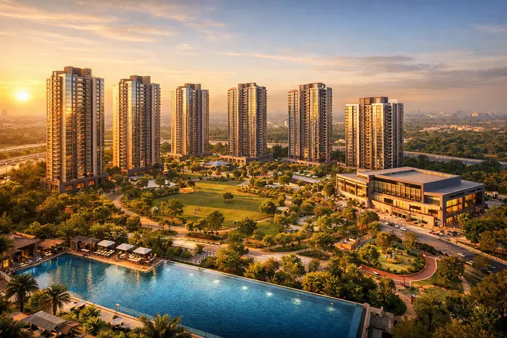 Godrej Aveline aerial view — 9 residential towers around a central amenity park on 10 acres at Kogilu Cross, NH-44