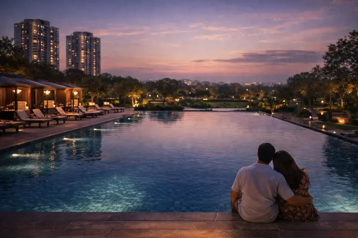 Godrej Aveline infinity swimming pool at evening — central amenity deck with leisure pool zones