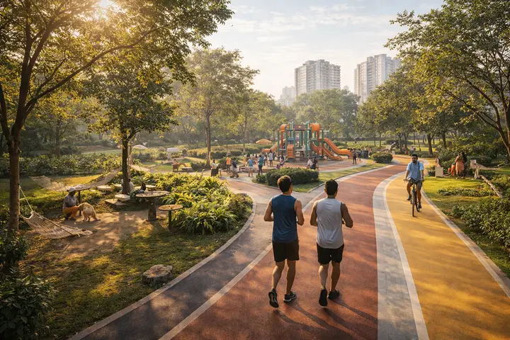 Godrej Aveline landscaped community park and jogging track — the 4,078 sqmt central park