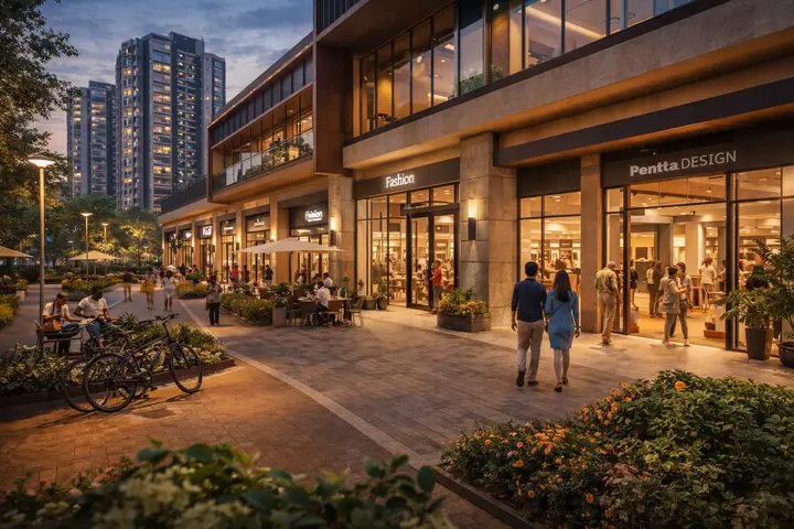Godrej Aveline retail plaza street view — the 35-unit integrated retail block at the street edge