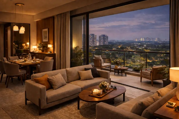 Godrej Aveline 3 BHK living room render with floor-to-ceiling glazing and a balcony view over the central amenity spine